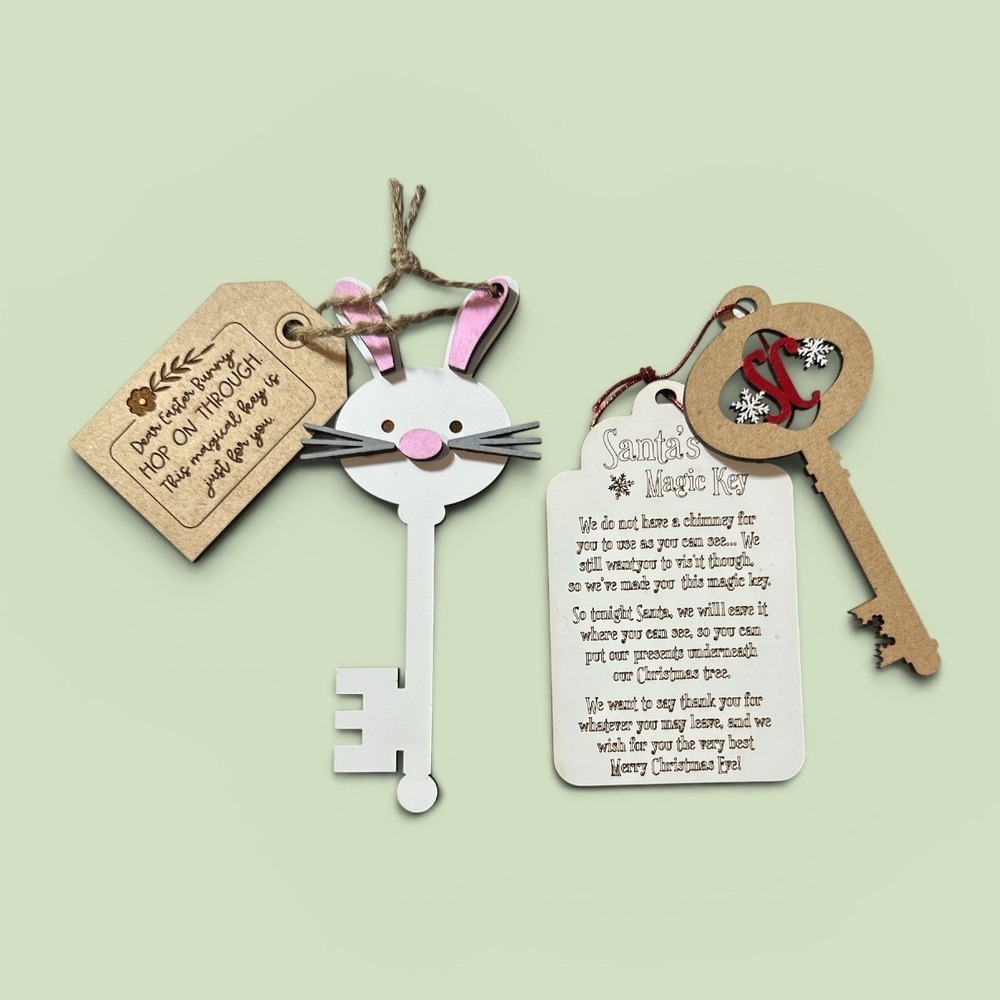 Wooden Easter Bunny & Santa Claus Magic Key Set Laser Cut Holiday Ornaments Kids
